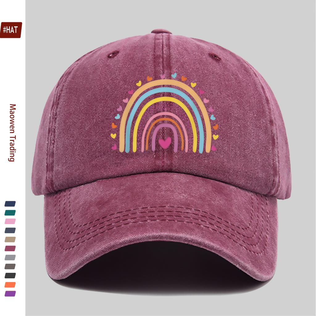 pc Rainbow And Heart Pattern Printed Baseball Cap Bohemian Style Rainbow Design Sun Hat Comfortable Lightweight Trucker Decor
