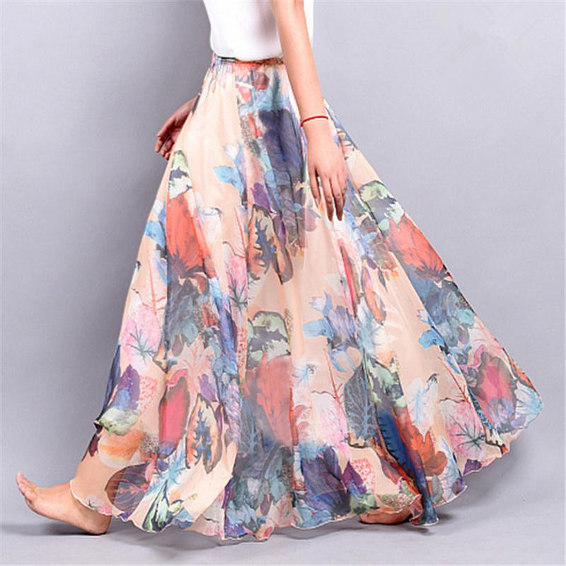 Women Boho Floor-Length Long Beach Party Loose Flare Vintage Bohemia Chiffon Floral Printed Skirts