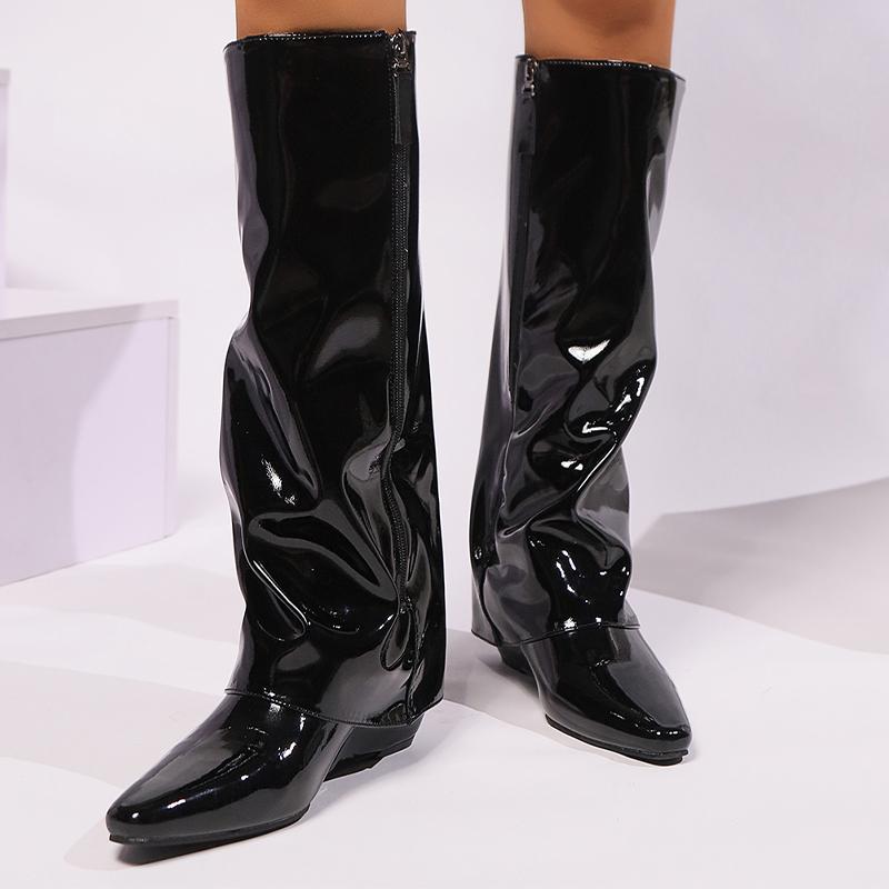 Женские кожаные туфли на танкетке на среднем каблуке с острым носком на высоком каблуке до колена, женские зимние дизайнерские туфли-лодочки 2025 года, ботинки челси Mujer