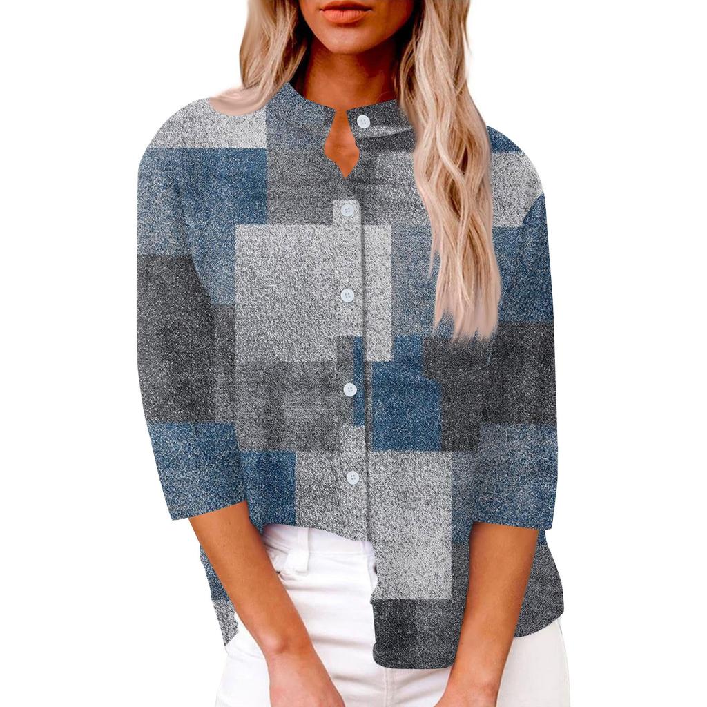 Women's Fashion Casual Shirt Button Loose Seven Sleeve Striped Patchwork Printed Top