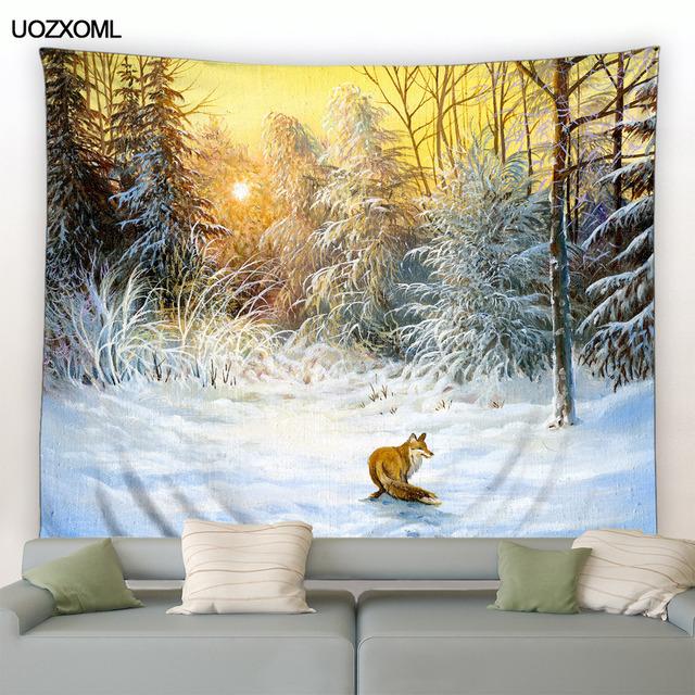 Рождественский гобелен на стене, природный белый лес, снежный настенный большой гобелен для вечеринки, гостиной, спальни, общежития, домашний декор