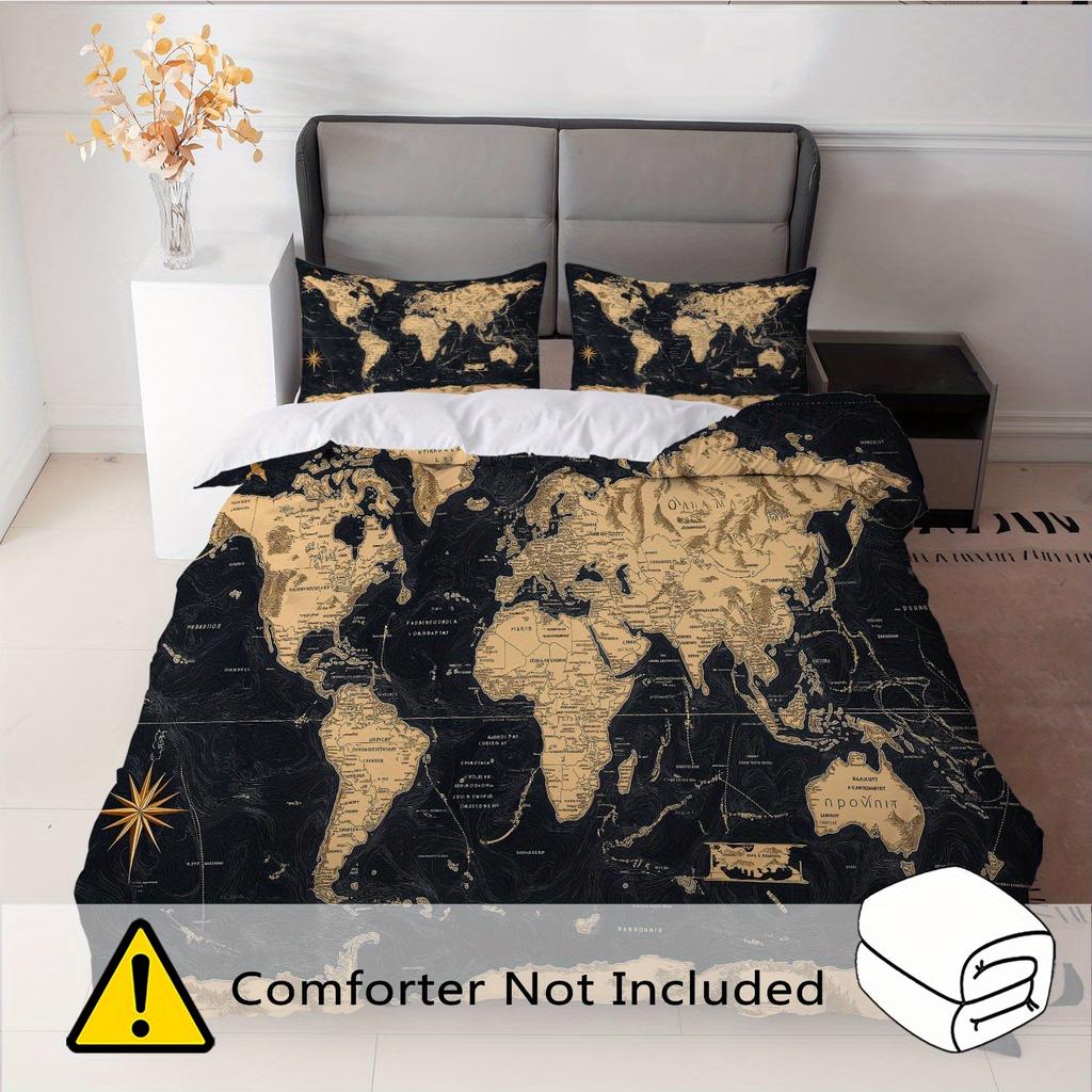 3Pcs Vintage World Map Duvet Cover Set, Black Golden Compass Print Bedding with Pillowcases for Bedroom Decor