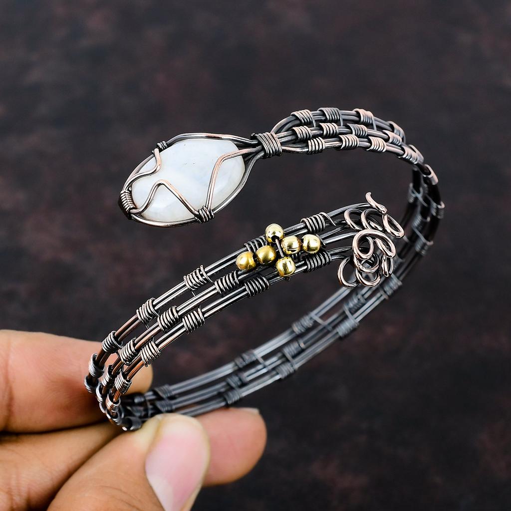 Браслет-манжета Rainbow Moonstone, браслет из медной проволоки с драгоценными камнями, регулируемый браслет-манжета ручной работы, ювелирные изделия из медной проволоки, браслет из лунного камня