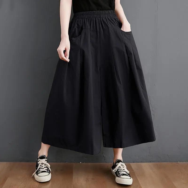 Летние хлопковые широкие брюки женские в винтажном стиле однотонные свободные женские повседневные брюки длиной до щиколотки