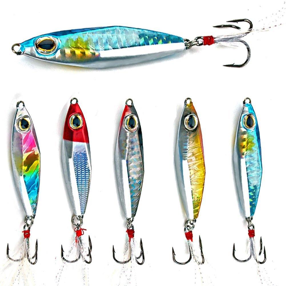 5Pcs Jigs Fishing Lures Sinking Metal Spoons Micro Jigging Bait with Free Plastic Tackle Box