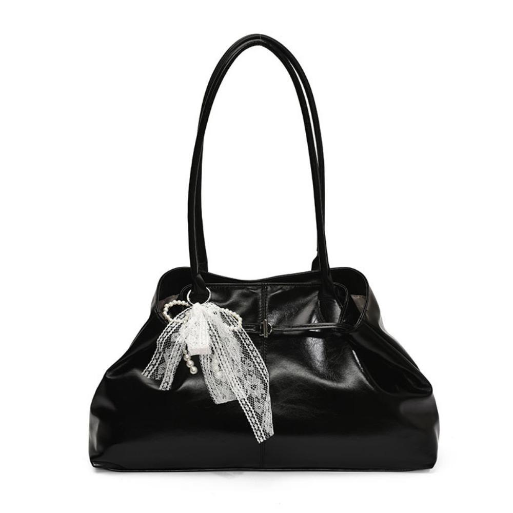 PU Leather Shoulder Bag Tote Bag with Bow Lace Pendant Versatile Armpit Bag Solid Color Large Capacity Underarm Bag Travel