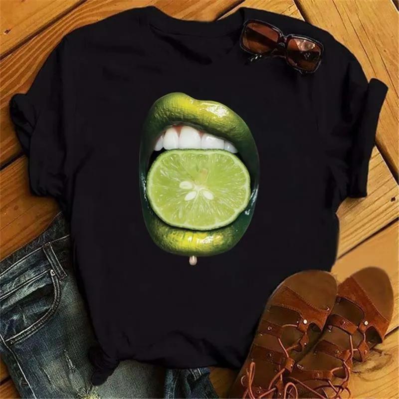 Модная женская футболка унисекс с принтом губ, повседневная, с коротким рукавом и круглым вырезом, свободная женская футболка, женская футболка, топы, одежда, женские футболки
