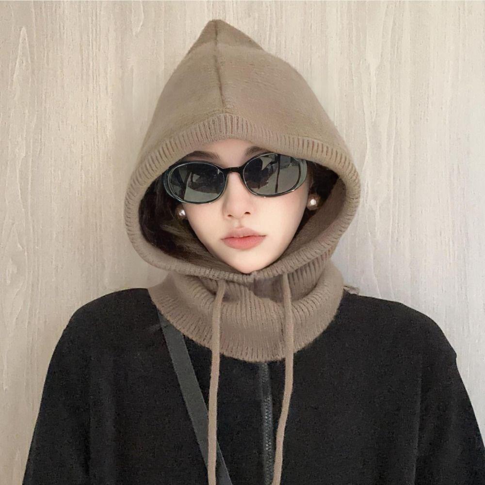 Ветрозащитная вязаная шапка с капюшоном, однотонная шапка-бини с воротником, кавайная шапка-балаклава для девочек