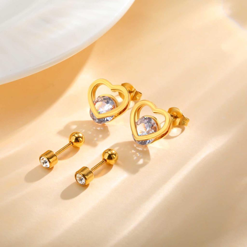 High Quality Shiny Zircon Heart Stud Earrings for Women, Stainless Steel Gold Color Earrings, Light Luxury Jewelry Gift