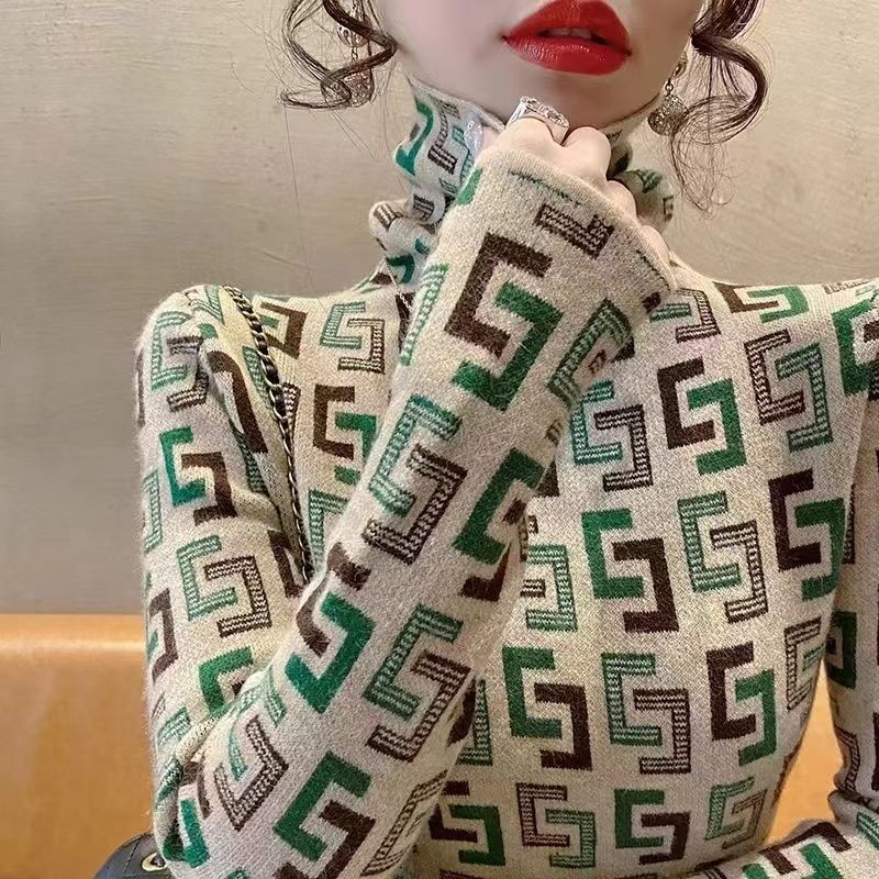 Базовая рубашка с высоким воротом для женщин, осень и зима, новый пуловер с принтом, облегающий крой, тонкая и теплая футболка, внутренний топ