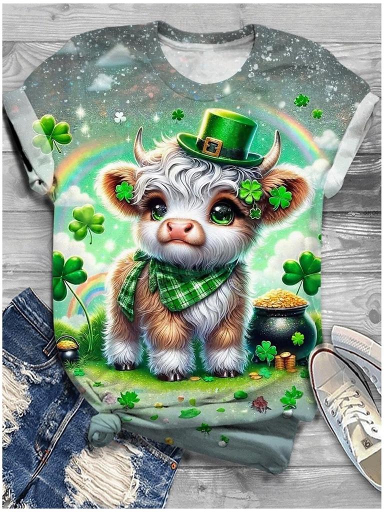 Женская ул.. Футболка ко Дню Святого Патрика Повседневная Зеленая Футболка с коротким рукавом с 3D-принтом и круглым вырезом с коротким рукавом Уличная одежда Y2k
