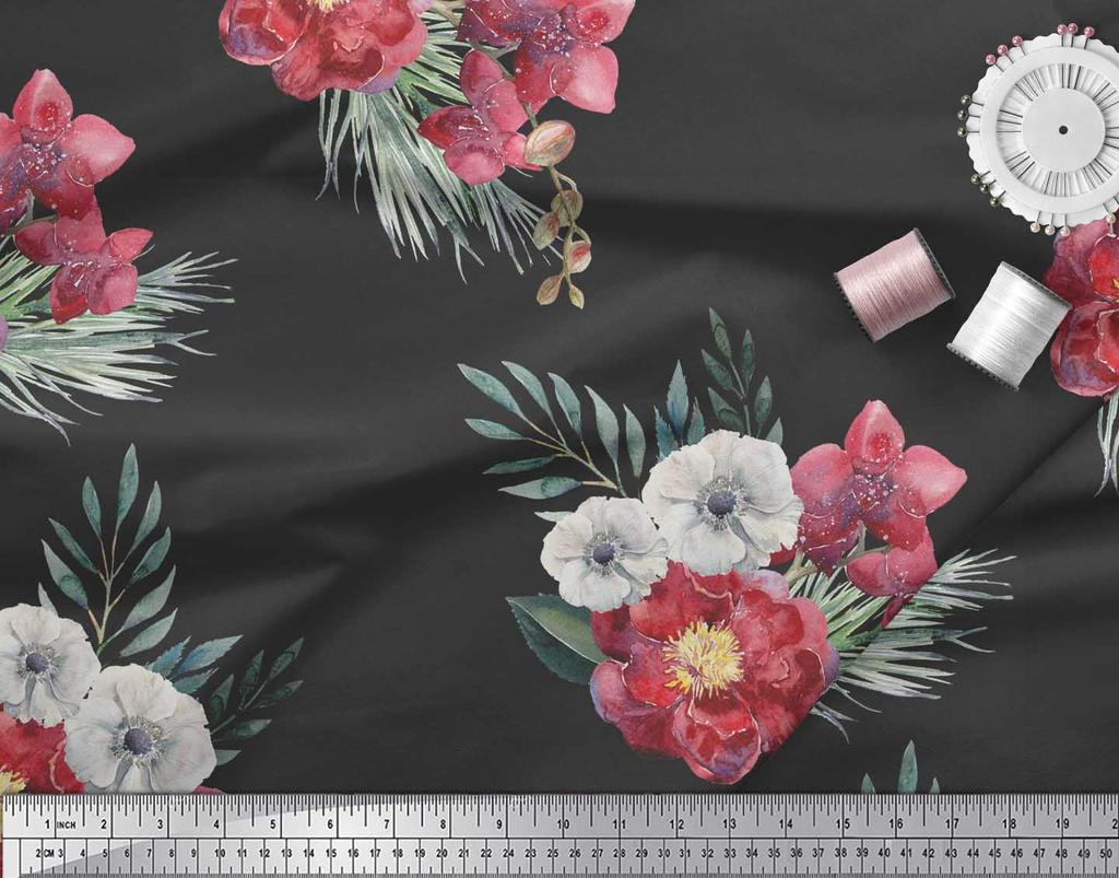 Soimoi Черная полиэфирная креповая ткань с цветочным принтом пионов и анемонов 1 ярд 42 дюйма