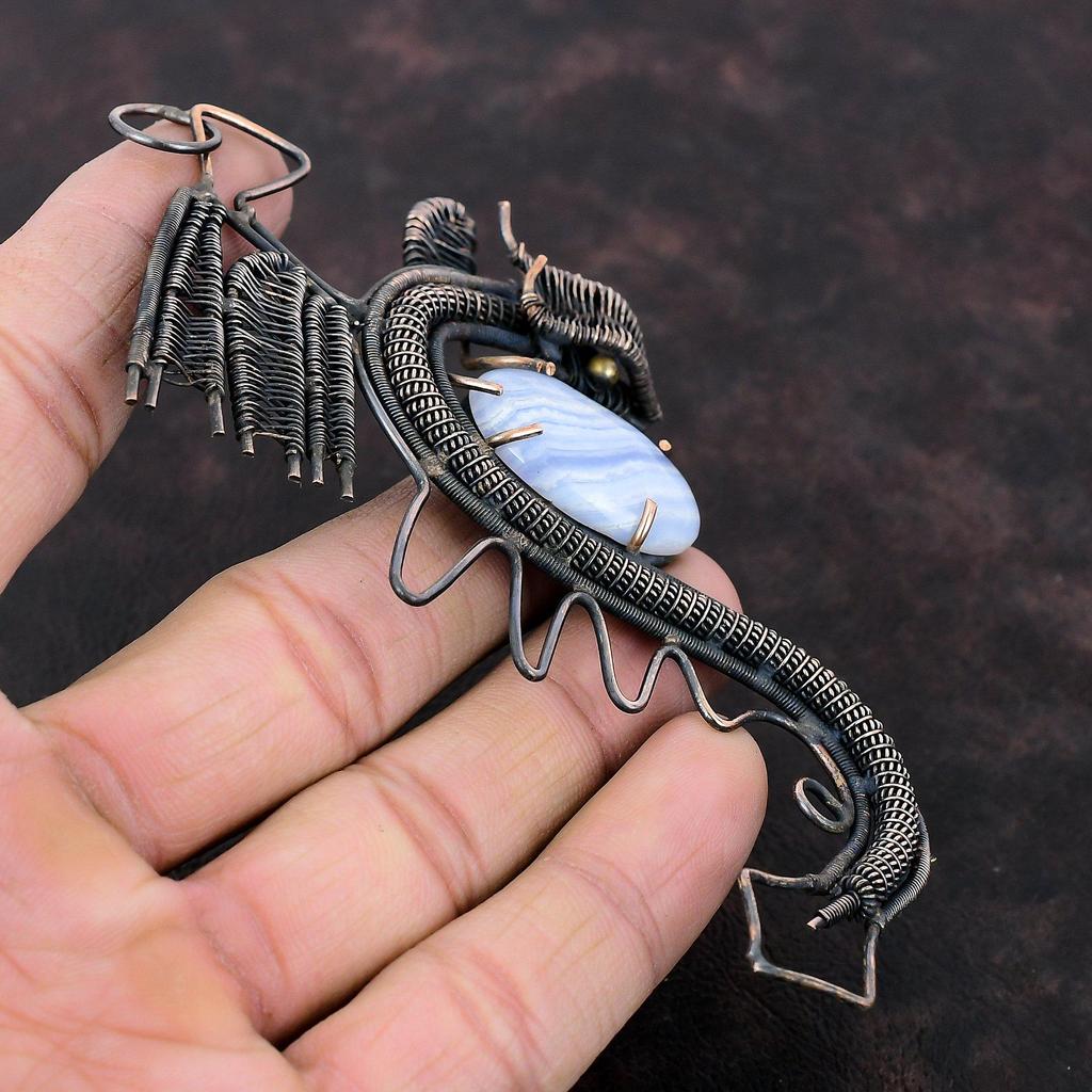 Синий Кружевной Агат Кулон Медная Проволока Обернутый Кулон Дракон Кулон Медные Ювелирные Изделия Ручной Работы Совершенно Новый Кулон Ювелирные Изделия Из Драгоценных Камней Свадебные Подарки