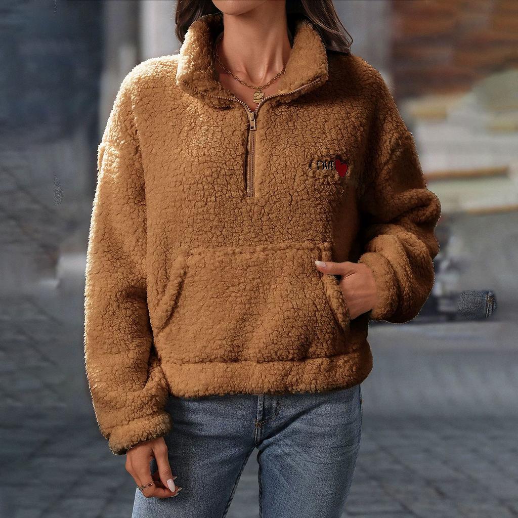 Осенне-зимняя женская плюшевая куртка с длинным рукавом, свободная, с полумолнией и воротником-стойкой, пуловер, толстовка