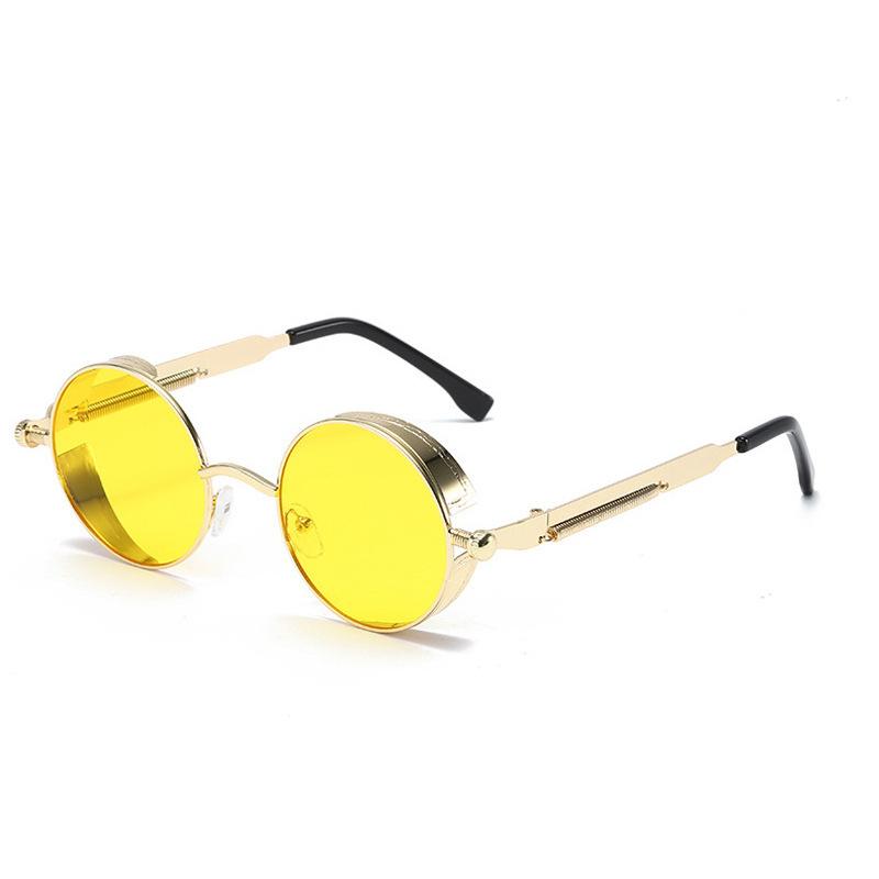 New round-frame sunglasses, metal, trendy, punk style Reflective and dazzling retro sunglasses for women