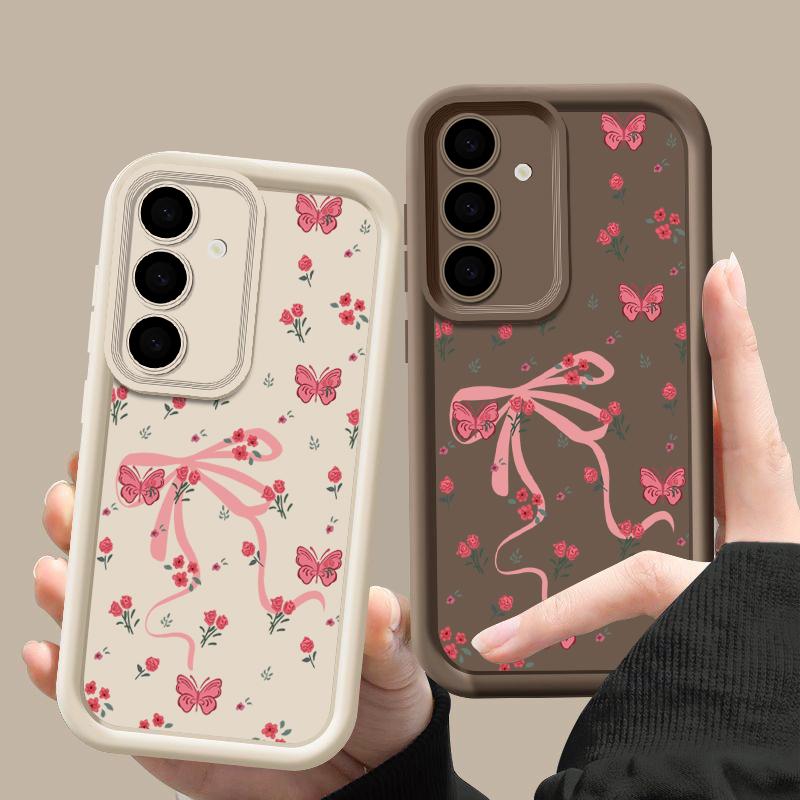Для Samsung S25 Ultra S24 FE S23 S22 A56 A36 A55 A16 A15 A35 чехол для телефона с бантом и цветочным принтом TPU матовый противоударный мягкий силиконовый защитный чехол для объектива