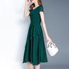 Lady Summer Dress A-line Patchwork Midi Dress O Neck Short Sleeves Lace-up Waist