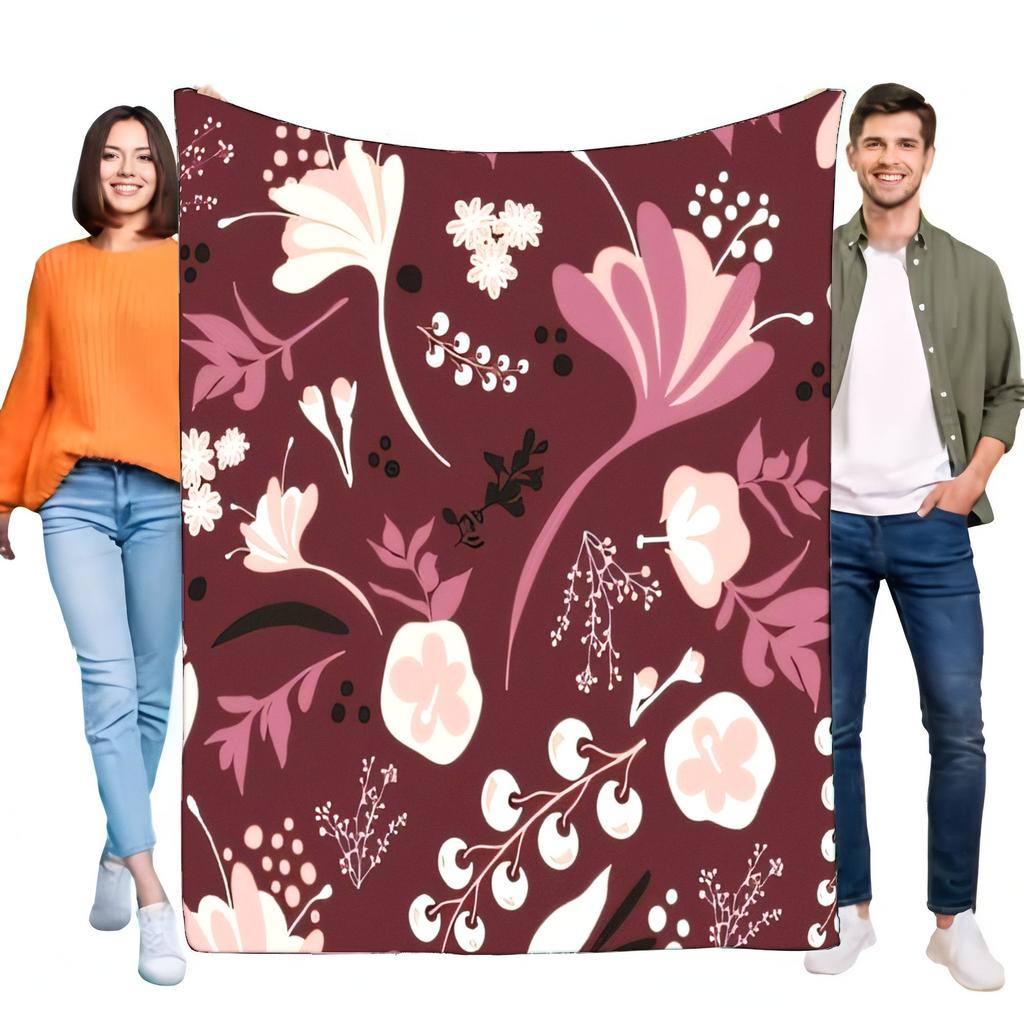Burgundy Floral Soft Cozy Flannel Blanket Warm Throw for Bed Sofa Living Room Home Decor Aesthetic Botanical Gift Lightweight