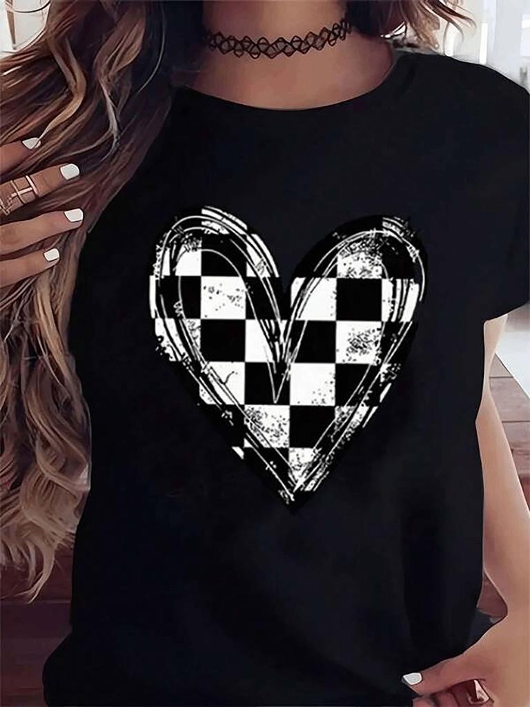 Women'S Short-Sleeve T-Shirt - Black T-Shirt with Checkerboard Heart Print, Casual Round Neck, Stret