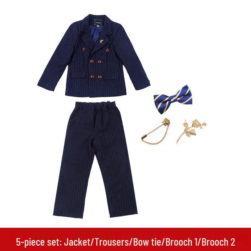British Style Double-Breasted Boys' Three-Piece Striped Suit Set for Spring and Autumn