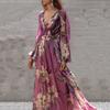Women Maxi Dress Low-cut Deep V Neck Tight High Waist Flower Print Lantern Sleeve Big Hem Soft Vintage Fall Spring Dress