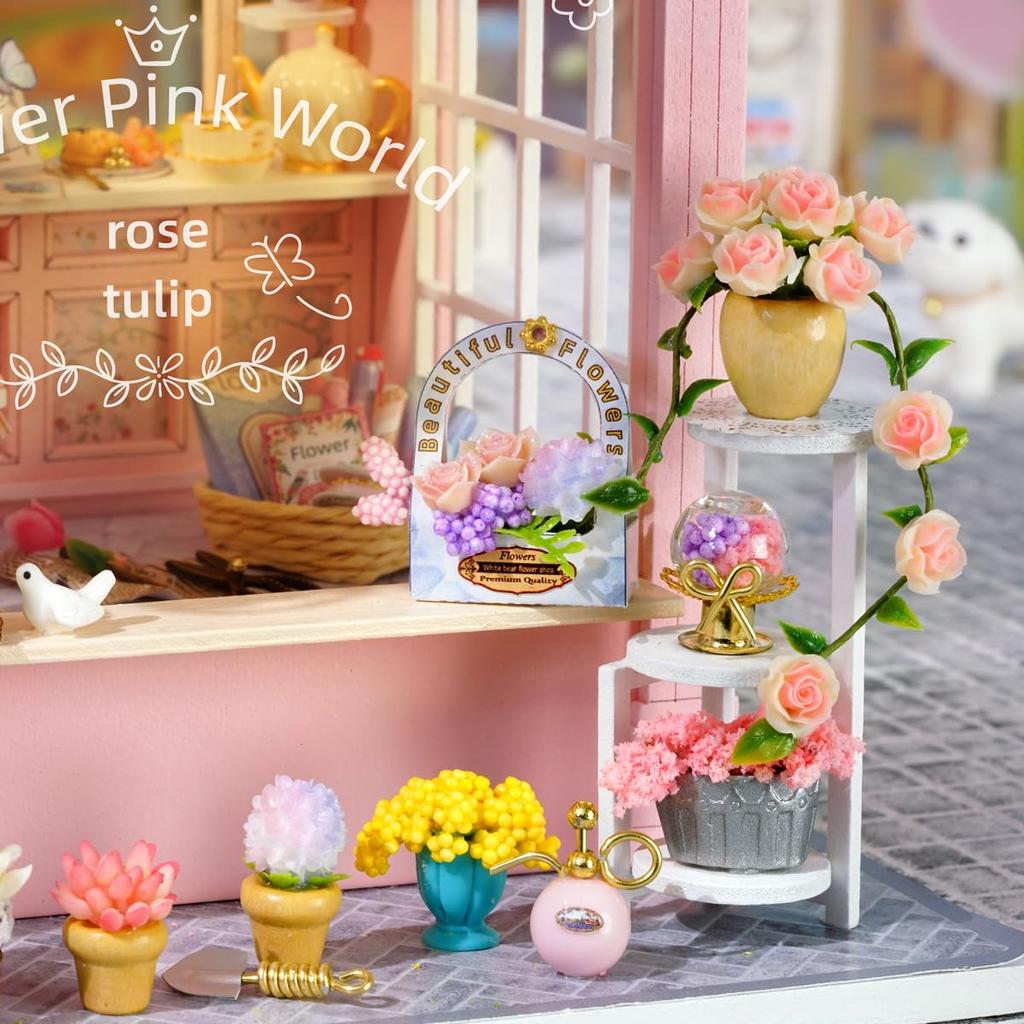 Кукольный домик CUTEROOM для начинающих: Деревянный миниатюрный розовый цветочный магазин (Игрушка Сделай сам - Включает миниатюрную деревянную мебель и украшения) - Идеальный подарок