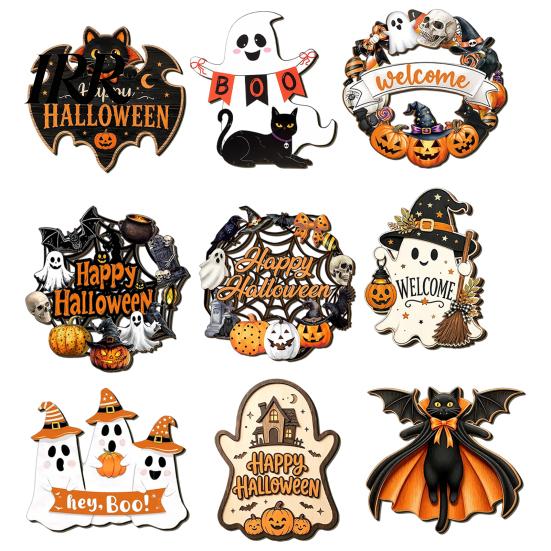 Indoor Outdoor Holiday Sign Black Cat Ghost Door Sign, Halloween Decorative Plaque, Wooden Hanging Craft Decorations Vintage Rustic Decor with