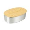 Nonoji Stainless Steel Lunch Box Oval Microwave Dishwasher Safe Stylish and Simple Lunch Box Natural Wood Lid Silver