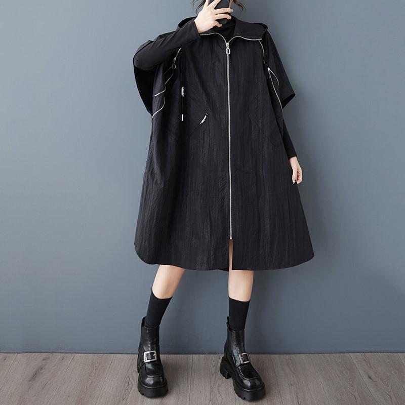 Short Sleeve Plus Size Black Vintage Hooded Casual Loose Autumn Spring Trench Coat for Women Outerwear