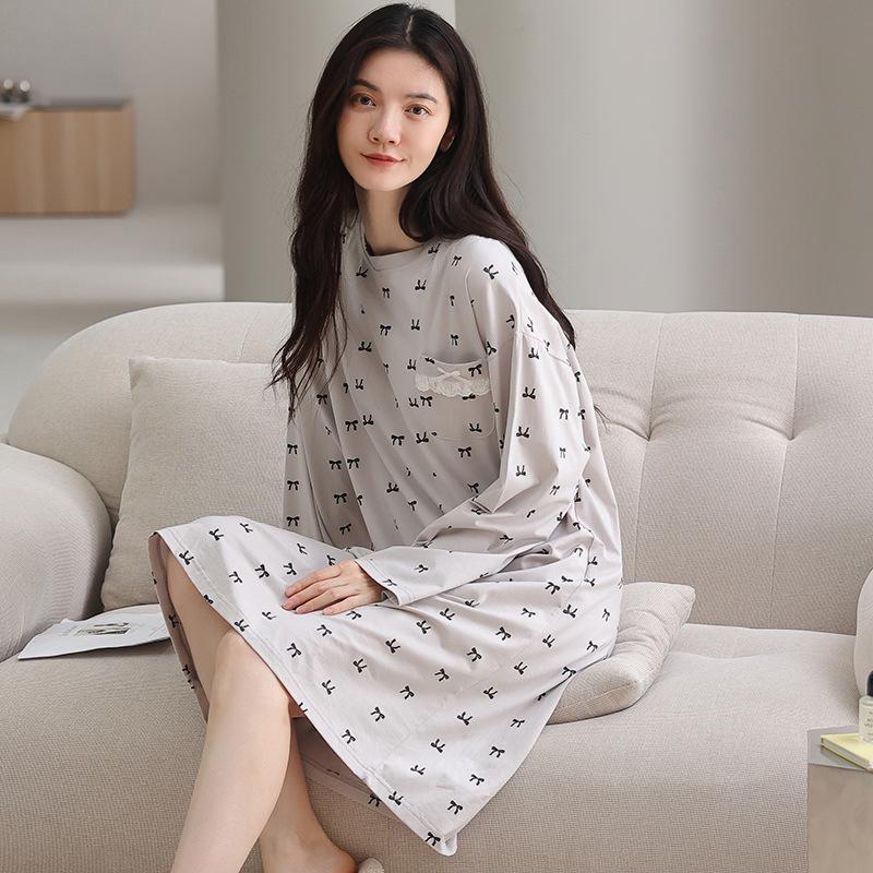 Женская пижама милого стиля с длинным рукавом, средней длины, из хлопка, для осени