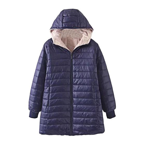 Winter Down Coat Thickened Padded Plush Hood Mid Length Full Zipper Windproof Long Sleeves Pockets Warm Daily Wear Outwear Cotton Jacket