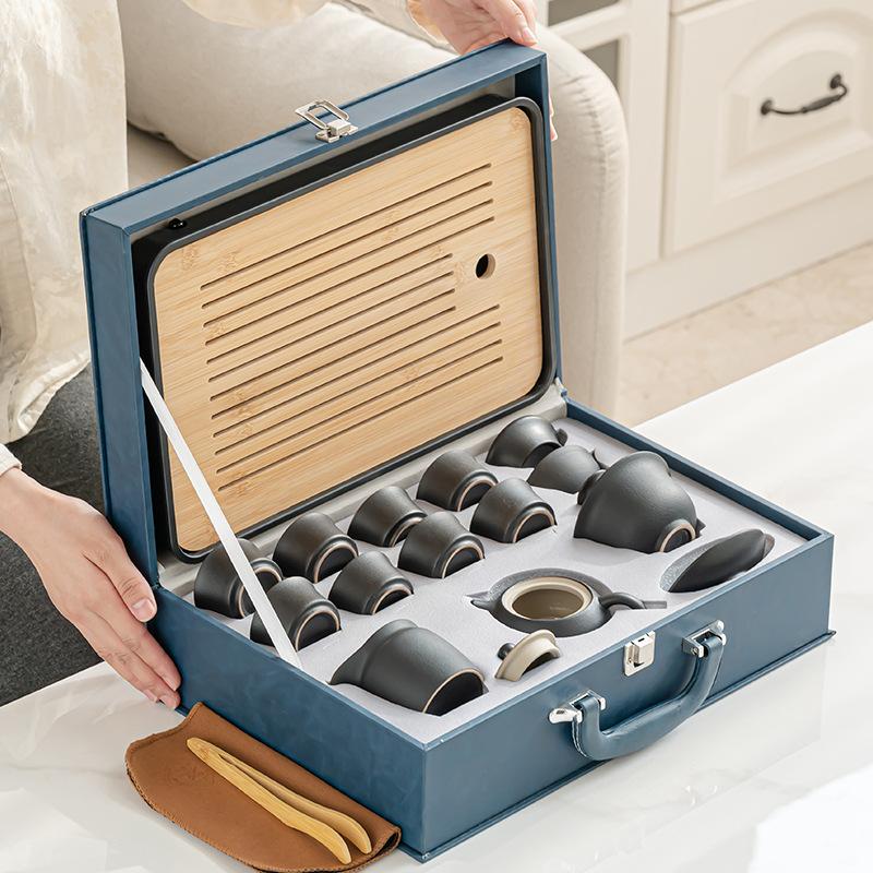 Чайный набор Кунг-фу из черной керамики, полный набор, чайник для дома и офиса, простая чашка с крышкой, чайница, полный набор чайных подносов