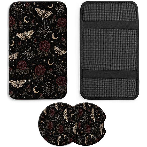 Wildflowers Car Armrest Cover with 2 Coasters | 3-piece 5 mm neoprene set with one 12.6 x 7.5 in console cushion and two 2.75 in matching cup holder