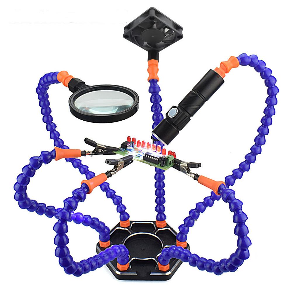 Настольная паяльная станция с зажимом, 3-кратным USB-увеличителем и вентилятором, 6 гибких держателей для пайки печатных плат, сварочный ремонт, инструмент третьей руки