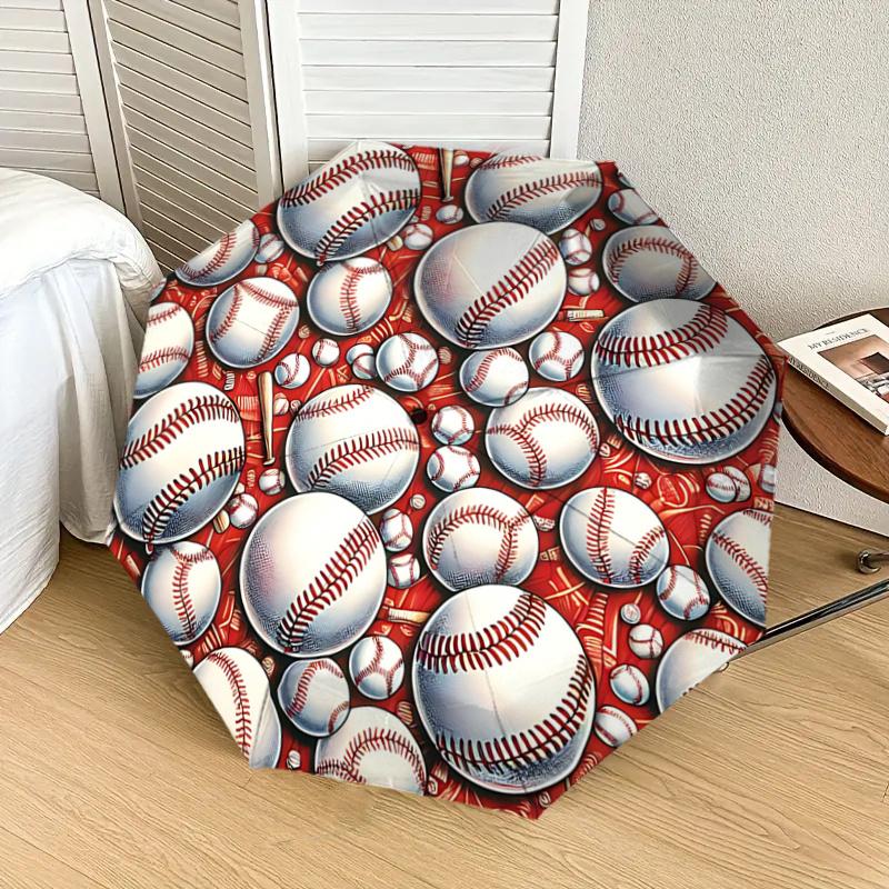 Baseball Patterned Automatic Opening/Closing Umbrella with Portable Tri-Fold Design, 8-Bone Iron Frame Outdoor Umbrella, Ideal Gift for Fans
