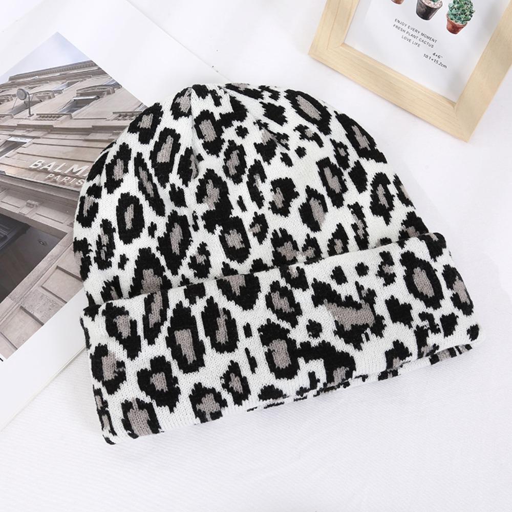 Jacquard Leopard Knitted Cap Soft Beanies Hat Y2K Fashion Thick Warm Hat  Unisex