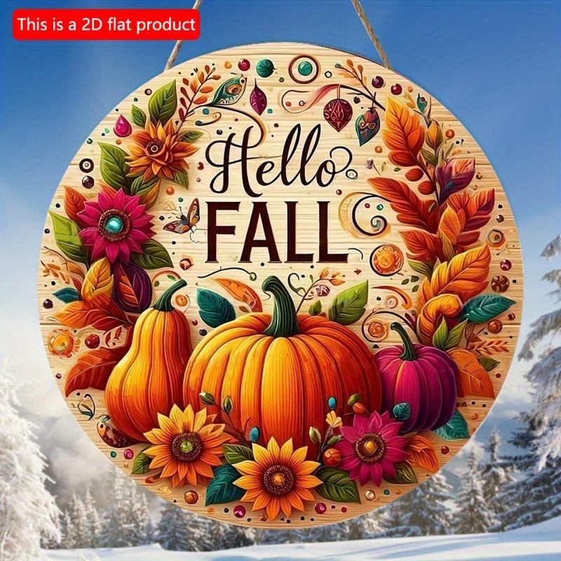 2d Flat 20*20cm, Autumn Home Decoration, "hello Fall", Wooden Welcome Circular Creative Decoration Logo, for Home, Kitchen, Garden, Bedroom, Bar Decor