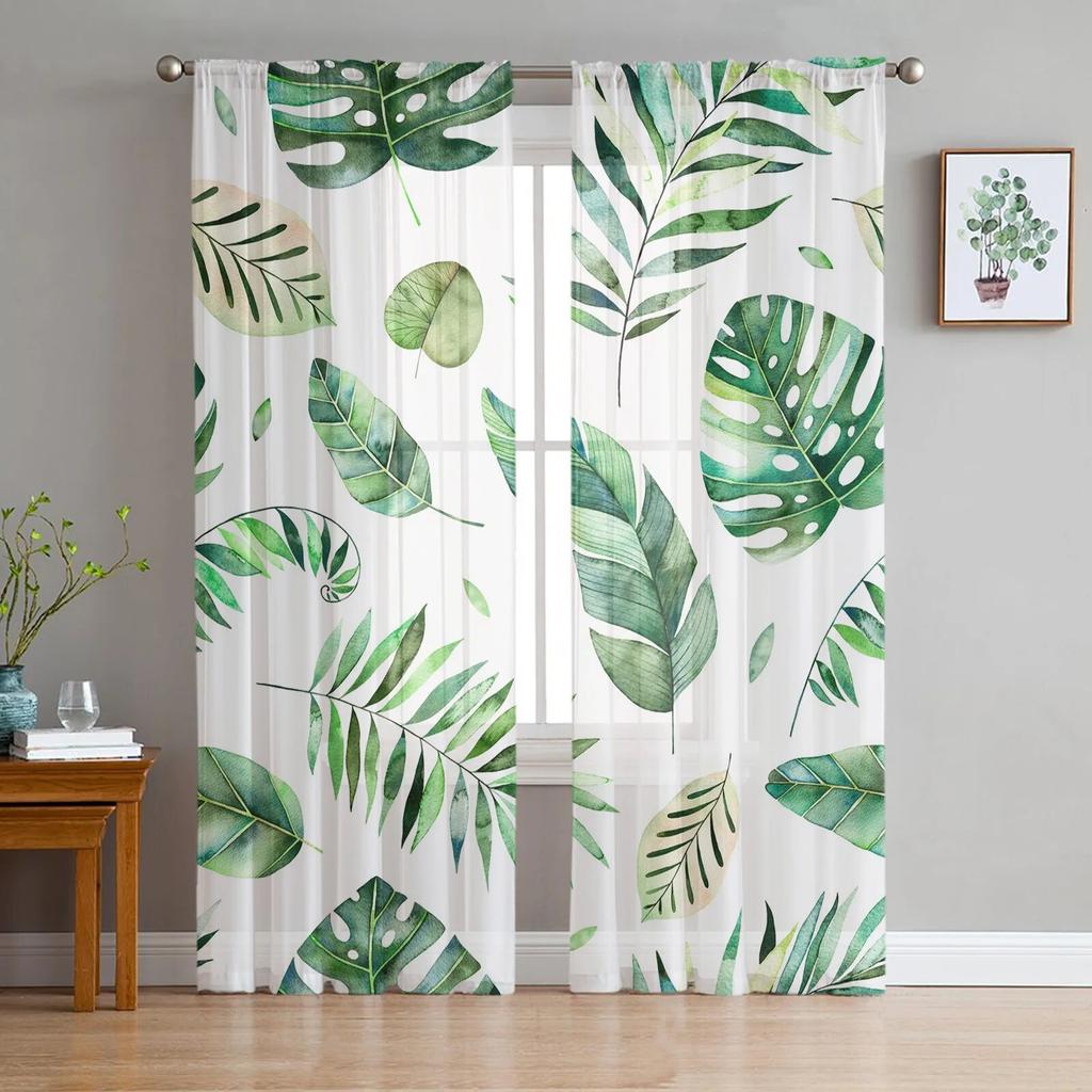 Tropical Plants Sheer Window Curtains for Living Room Girl Bedroom Tulle Curtains Kitchen Veil Chiffon Drapes