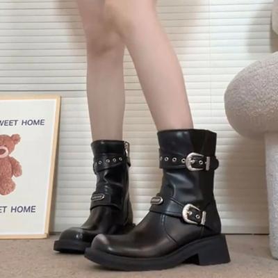 Женские полусапоги до середины икры Новинка На среднем каблуке Ретро Женские полувысокие ботинки Y2k Мода 2024 по Акции Рабочий Тренд Распродажа Ботинок Пу Горячий