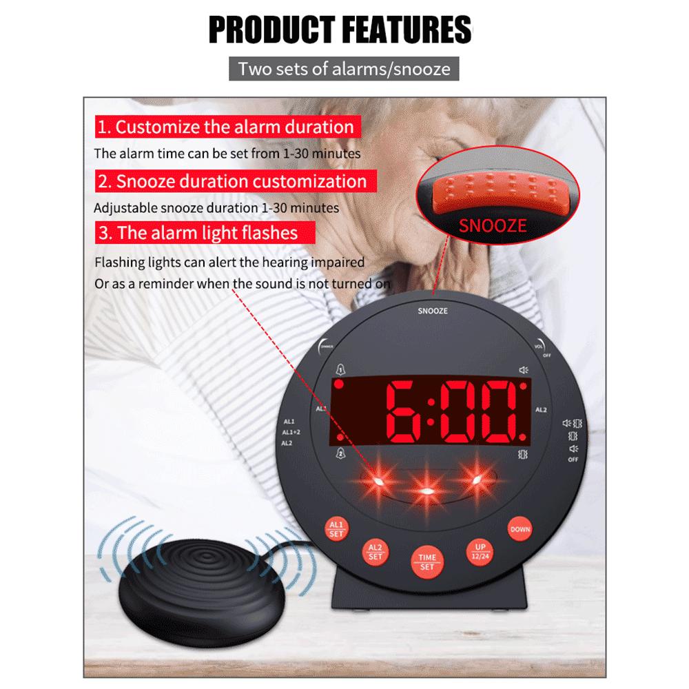 Loud Alarm Clock with Bed Shaker Vibrating Alarm Clock with Flash Light Brightness Adjustable