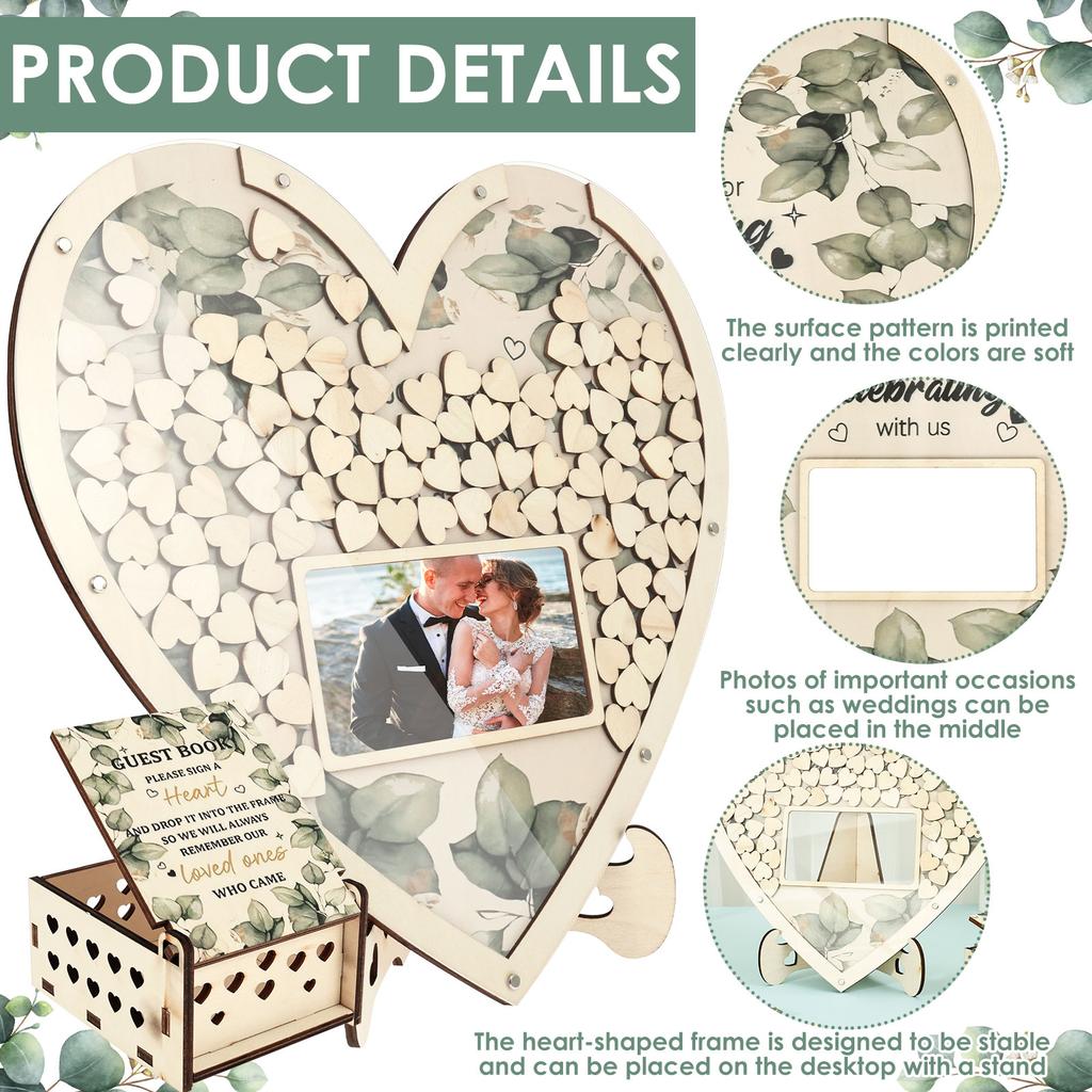 Wooden Wedding Guest Book with Storage Box Heart Guest Book Wedding Reception Personalized Nuptial Attendee Board Decorations