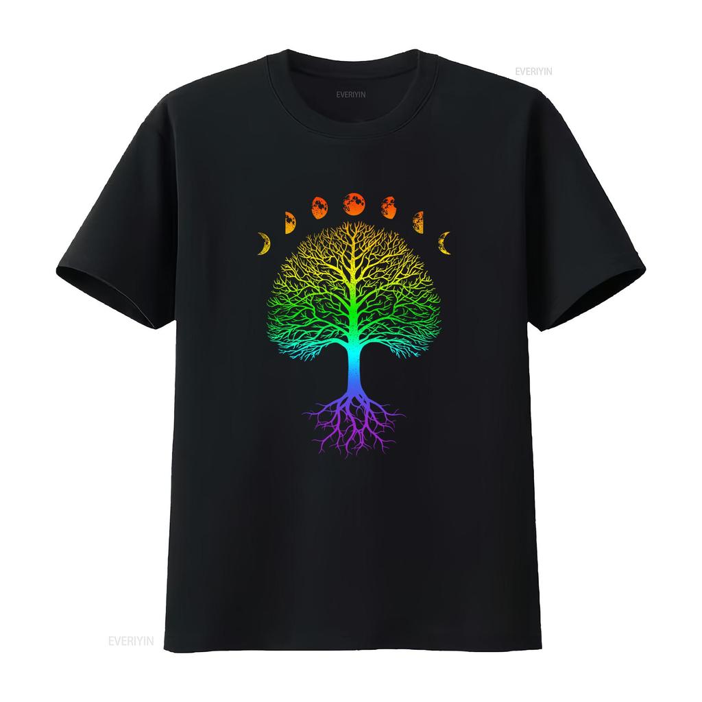 Bohemian Psychedelic Tree of Life Moon Phase Rainbow Gradient Print Casual T Shirt vintage Washed Unisex Stretched Stylish