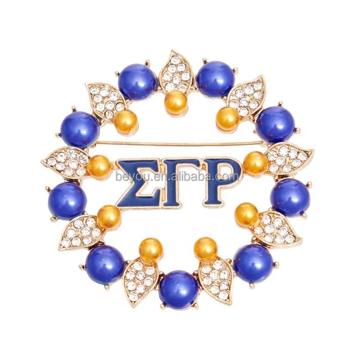 ZETA Phi Beta  Sorority Blue White Beads Leaf Rhinestone Metal Women Brooch Pin for Gift