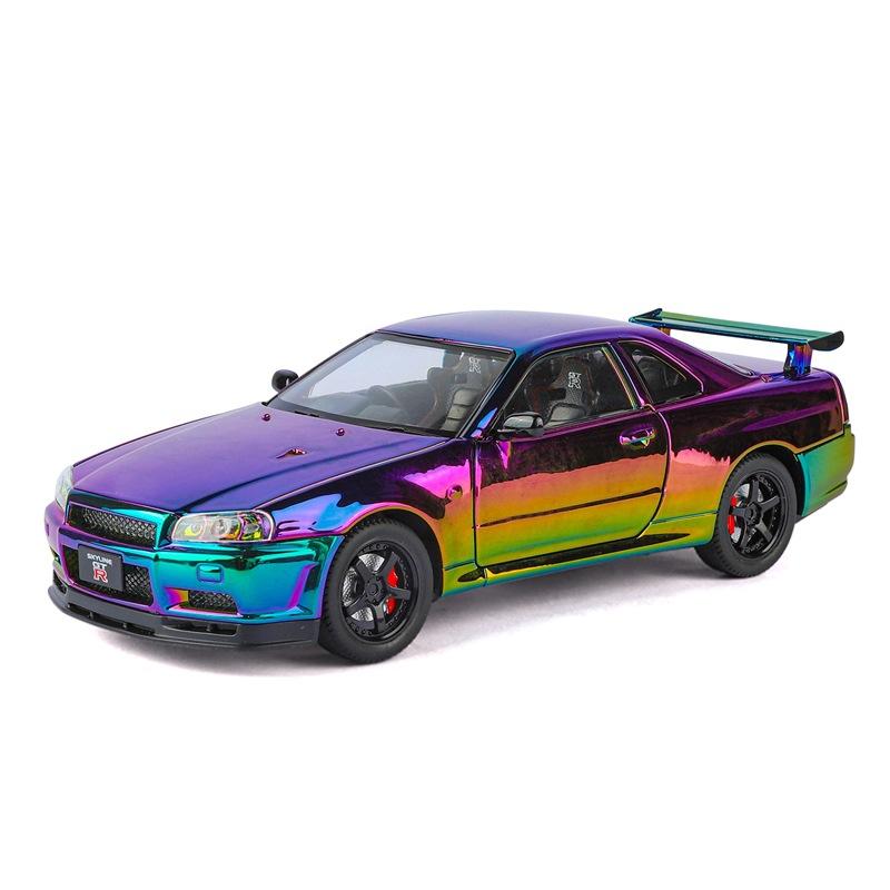 1/24 Nissan Хромированный GT-R GTR R34 Сплав Спортивный Автомобиль Модель Литье под Давлением Металл Трек Гонки Автомобили Модель Звук Свет Детские Игрушки Подарок
