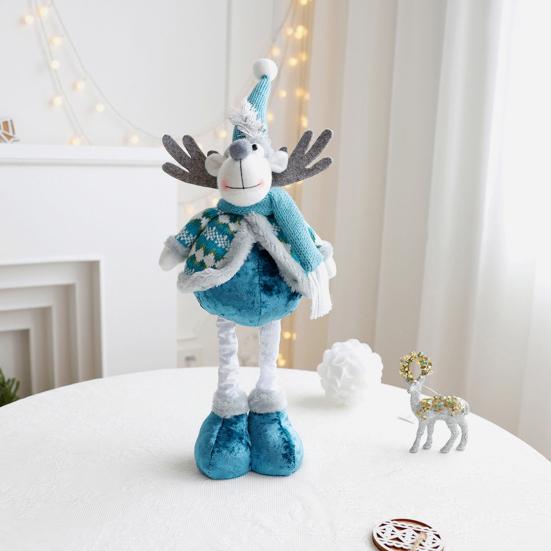 Christmas Doll Ornament Plush Standing Santa Claus Reindeer Snowman Figure with Telescope Leg Blue Gnome Doll Toy for Tree Fireplace Window Table