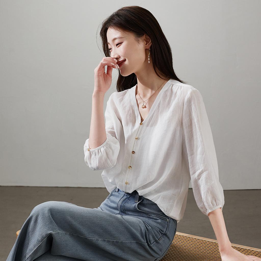 French V-neck seven quarter sleeved ramie shirt for women, 2026 spring loose and versatile casual shirt