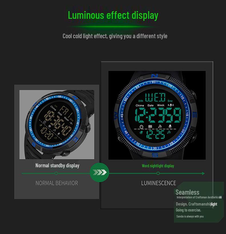 Sanda Мужские светящиеся водонепроницаемые модные электронные часы с большим циферблатом и календарем.