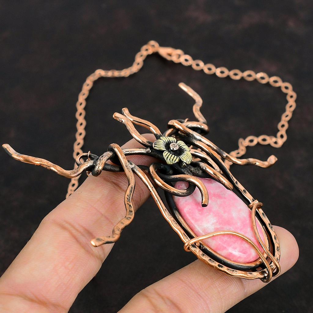 Thulite Gemstone Necklace Copper Wire Wrapped Handmade Jewelry Adjustable Chain Necklace Copper Wire Wrap Necklace Antique Jewelry For Gifts