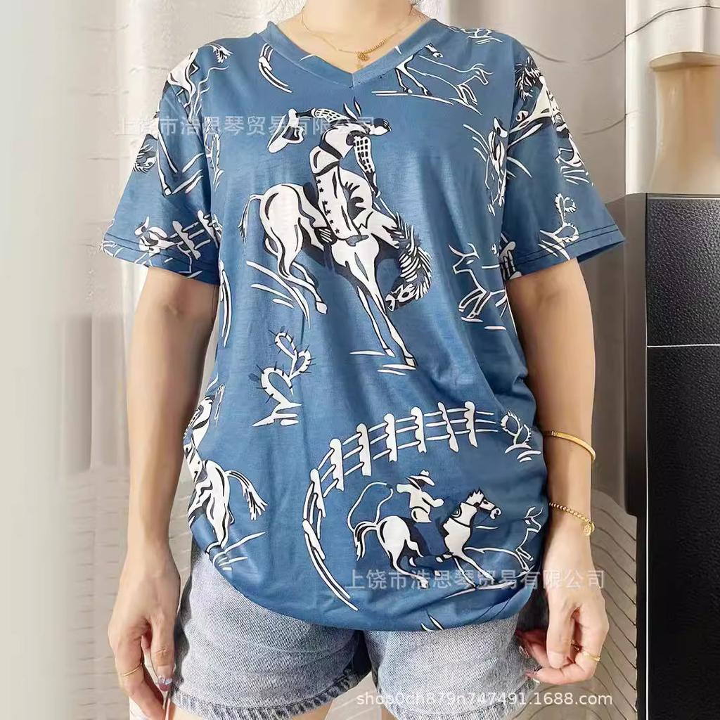 Summer V-neck 3D Retro Western Cowboy Printed Top Fashionable Casual Short Sleeved Women's T-shirts