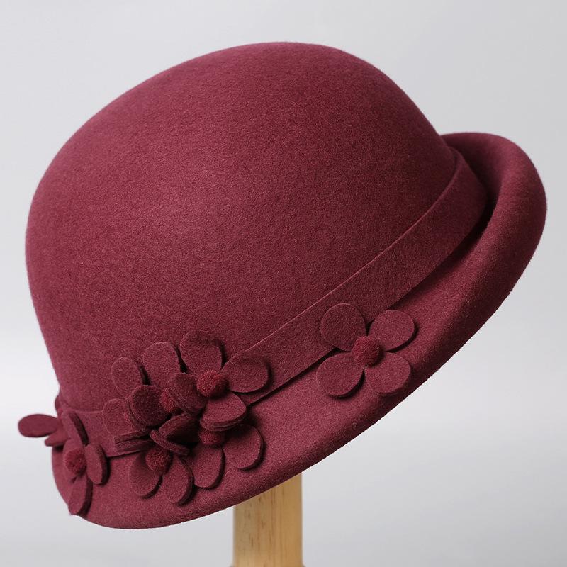 Autumn and winter new woolen hat female elegance flower temperament small edge top hat outdoor travel versatile thermal basin hat